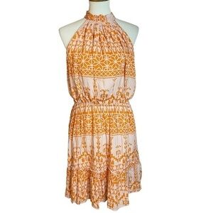 BTFBM Orange and Peach Patterned High Neck Lined Sleeveless Dress - Size Medium